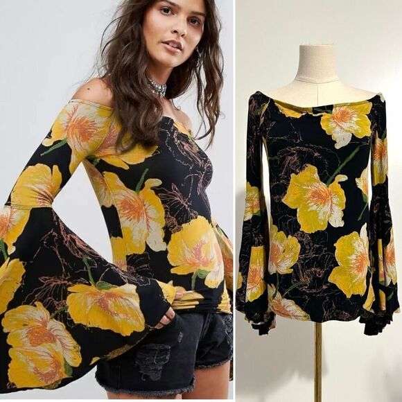 Free People Floral Birds of Paradise Off-shoulder Top M Bell Slv Boho Festival - Picture 1 of 13